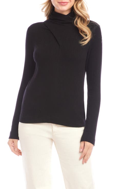 Rib Faux Wrap Turtleneck Top