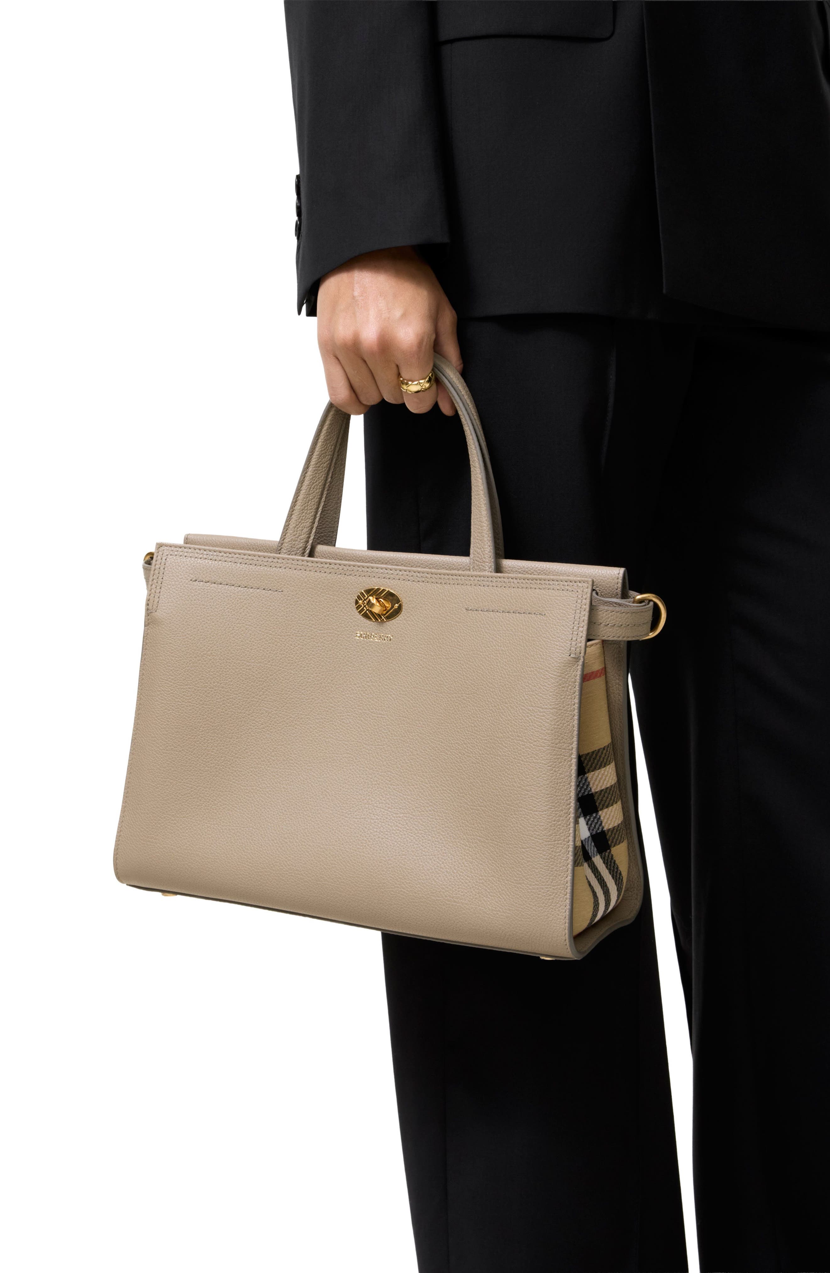Small Cotswolds Leather & Check Canvas Tote, Alternate, color, MUSHROOM