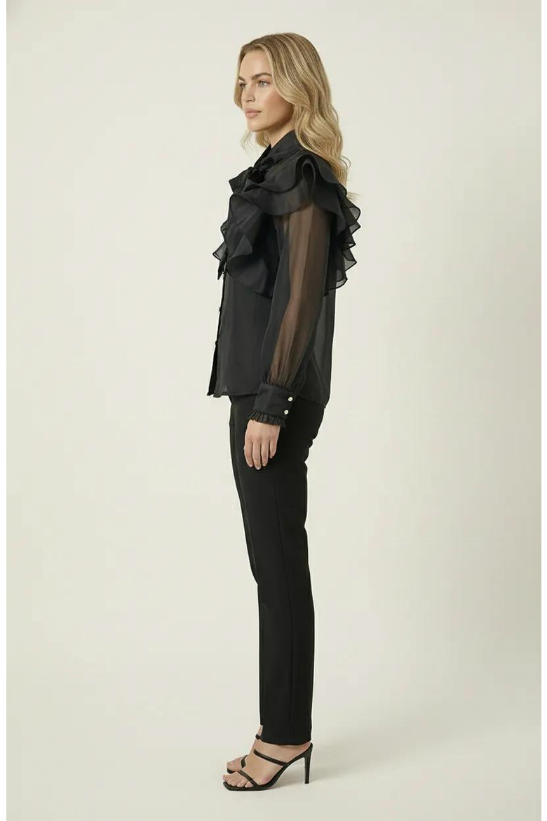 Ruffle Oversized Bow Tie Button-Front Blouse, Alternate, color, Black