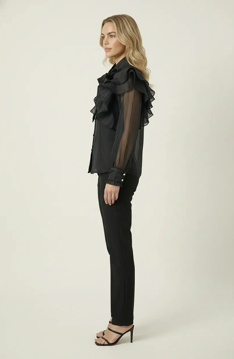 Modenaire Ruffle Oversized Bow Tie Button-Front Blouse, Alternate, color, Black