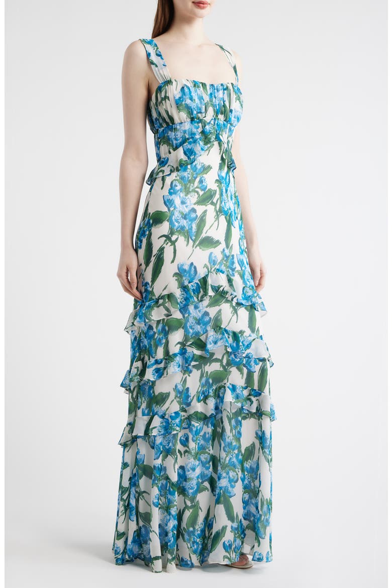 Floral Ruffle Empire Waist Chiffon Gown, Alternate, color, IVORY/ BLUE