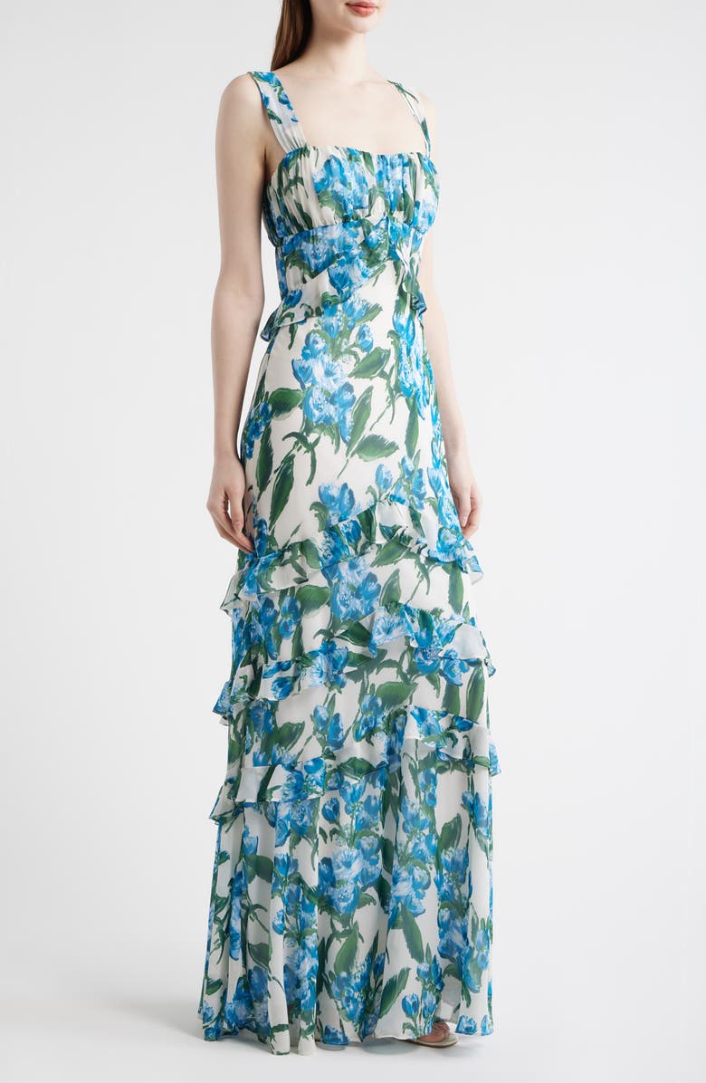 Julia Jordan Floral Ruffle Empire Waist Chiffon Gown, Alternate, color, Ivory/ Blue