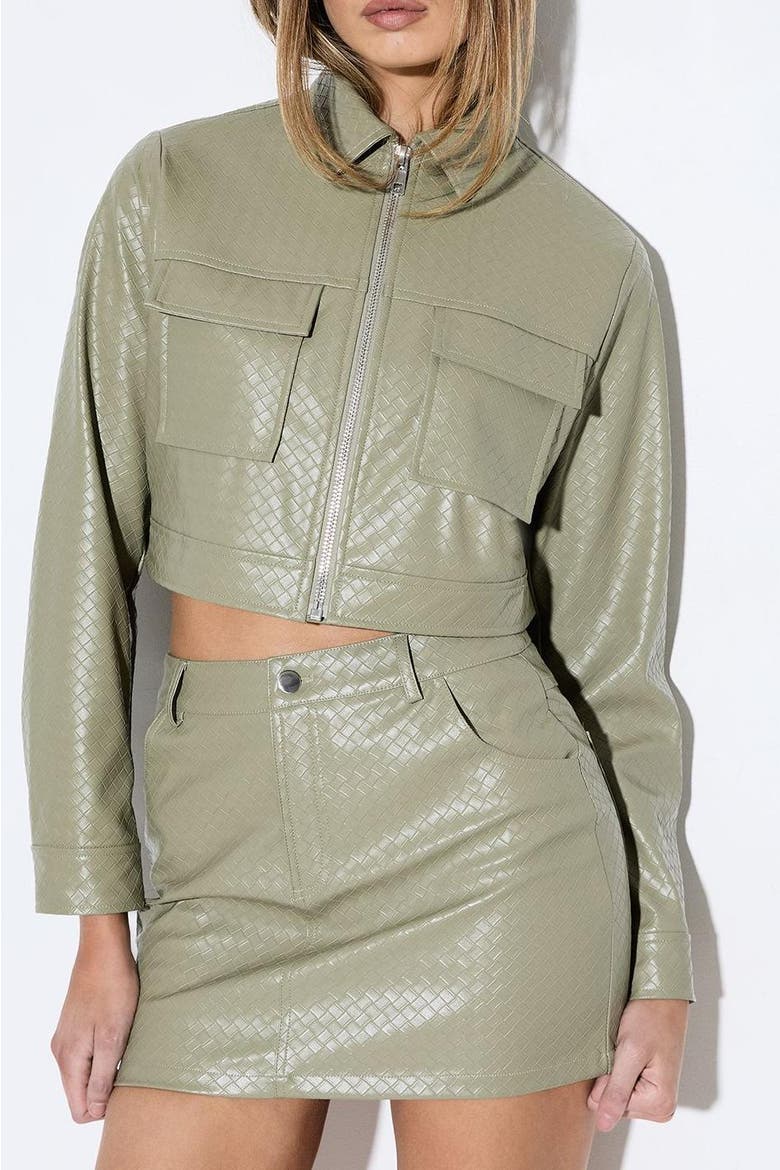 Woven Detail Faux Leather Jacket, Alternate, color, Olive