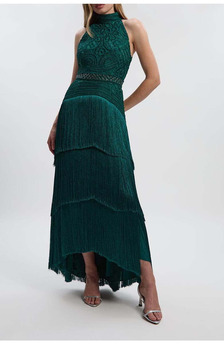 Karen Millen Beaded Halter Neck Woven Maxi Dress, Alternate, color, Dark Green