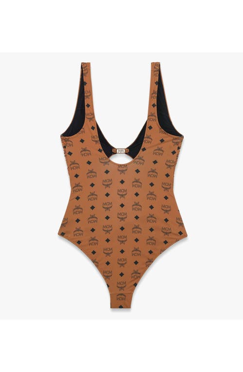 Mcm Monogram-print Cut-out Swimsuit In Cognac
