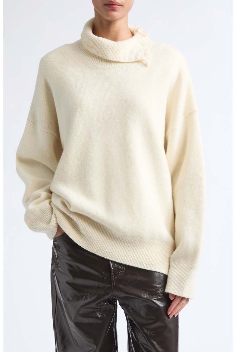Fringe Asymmetric Wool Turtleneck Sweater, Main, color, OFF WHITE
