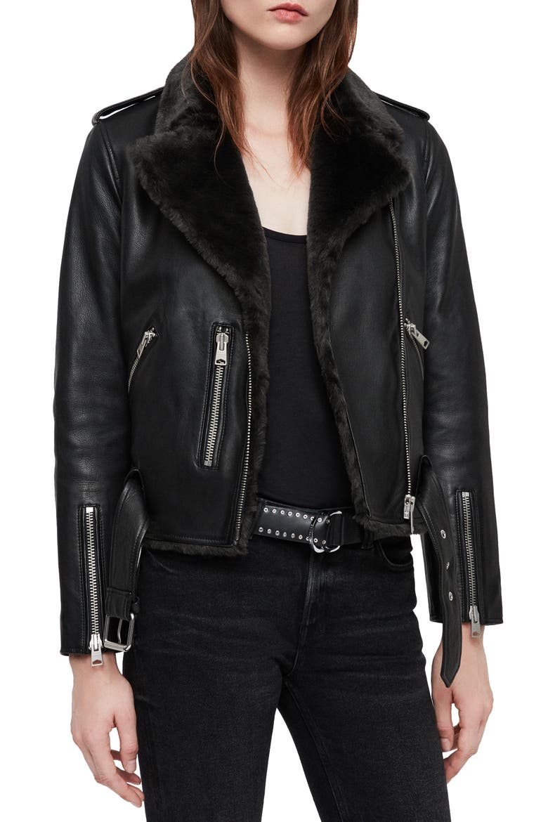 Balfern Lux Leather Biker Jacket with Faux Fur Trim, Main, color, BLACK/ MAGMA GREY