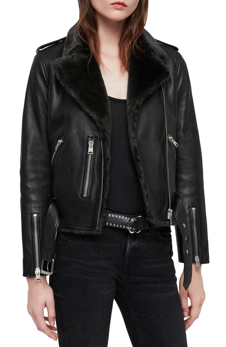 AllSaints Balfern Lux Leather Biker Jacket with Faux Fur Trim, Main, color,