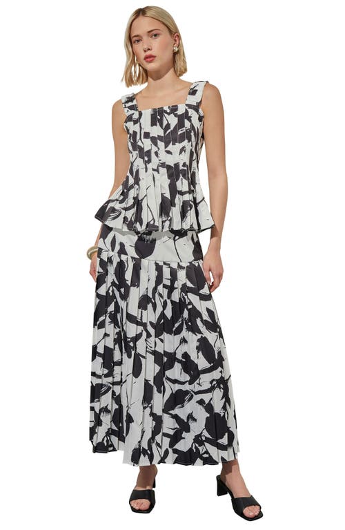 Ming Wang Pleated Floral Print Sleeveless Peplum Top In Black/white