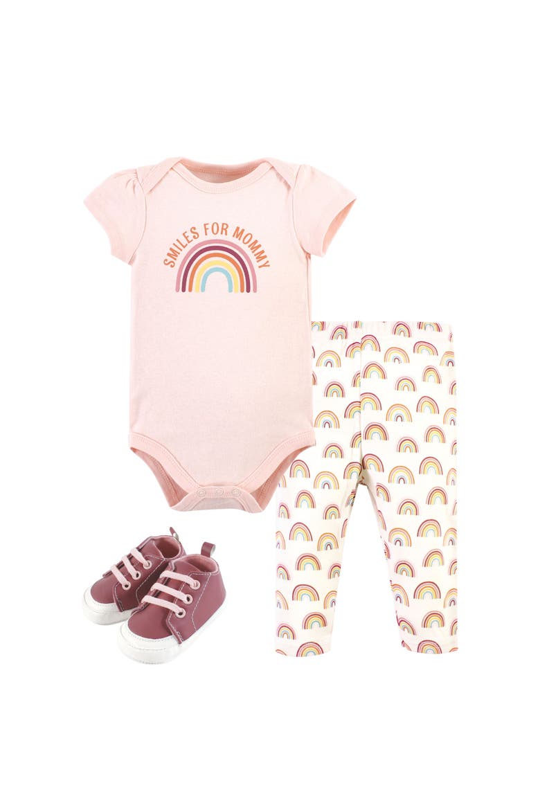 Cotton Comfort 3pk Bodysuit, Pants, And Shoes, Main, color, Sunshine Rainbows