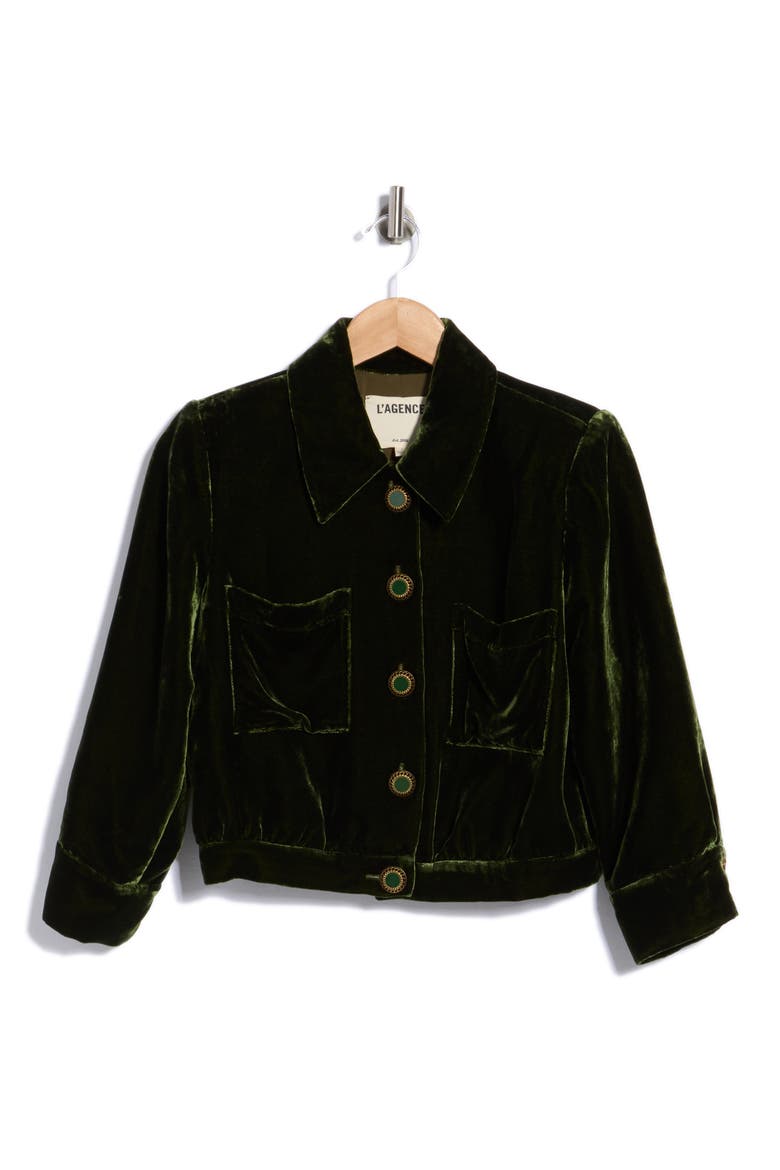 Jia Cropped Velvet Jacket, Main, color, DEEP OLIVE