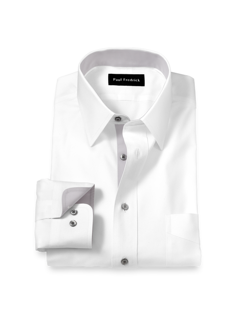 Cotton Spandex Point Collar Pinpoint Classic Contrast Trim Button Cuff Long Sleeve