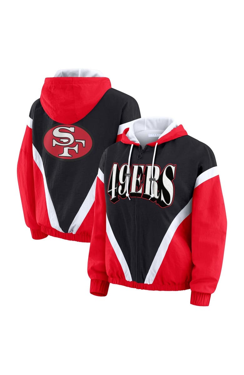 WEAR by Erin Andrews Women's WEAR by Erin Andrews Black/Scarlet San Francisco 49ers Retro Crinkle Full-Zip Hoodie Windbreaker, Main, color, Black