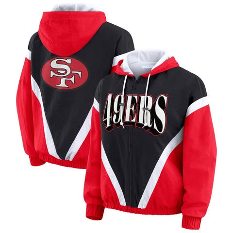 Women's WEAR by Erin Andrews Black/Scarlet San Francisco 49ers Retro Crinkle Full-Zip Hoodie Windbreaker