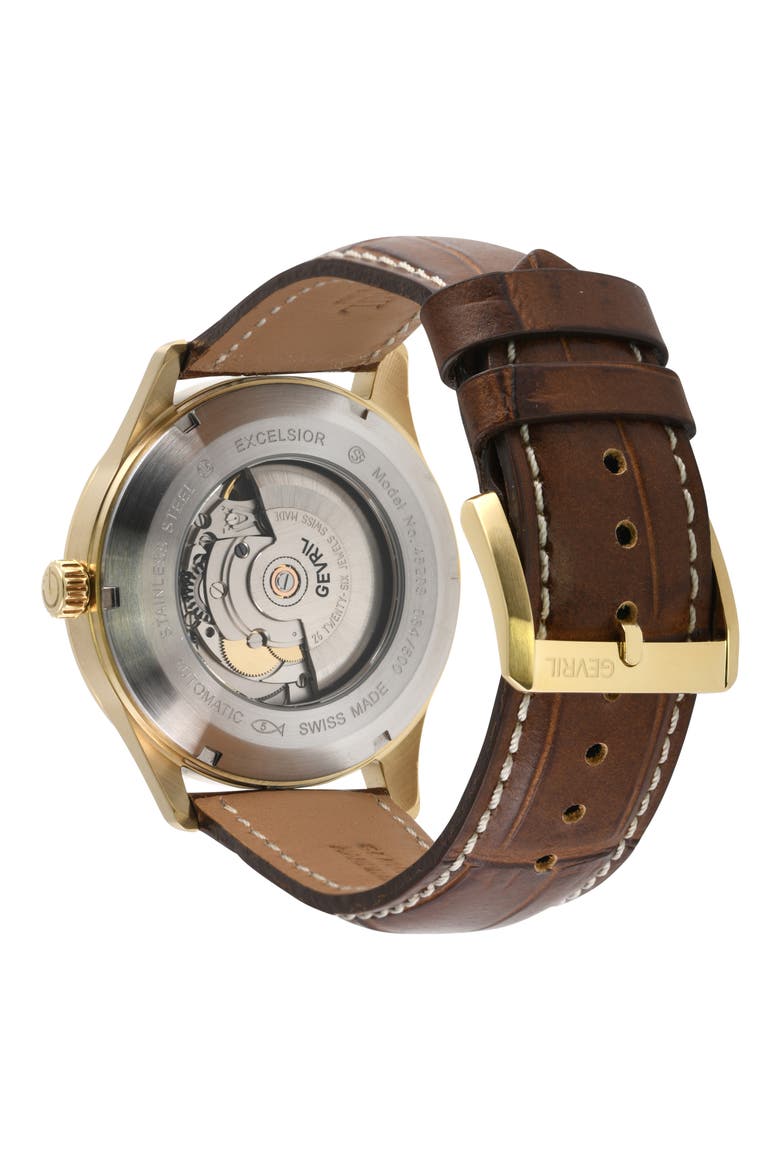 Excelsior Swiss Automatic Croc Embossed Leather Strap Watch, 42mm, Alternate, color, BROWN