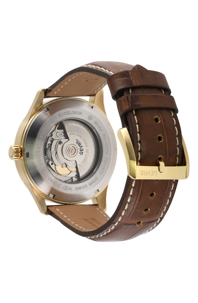 GEVRIL Excelsior Swiss Automatic Croc Embossed Leather Strap Watch, 42mm, Alternate, color, Brown