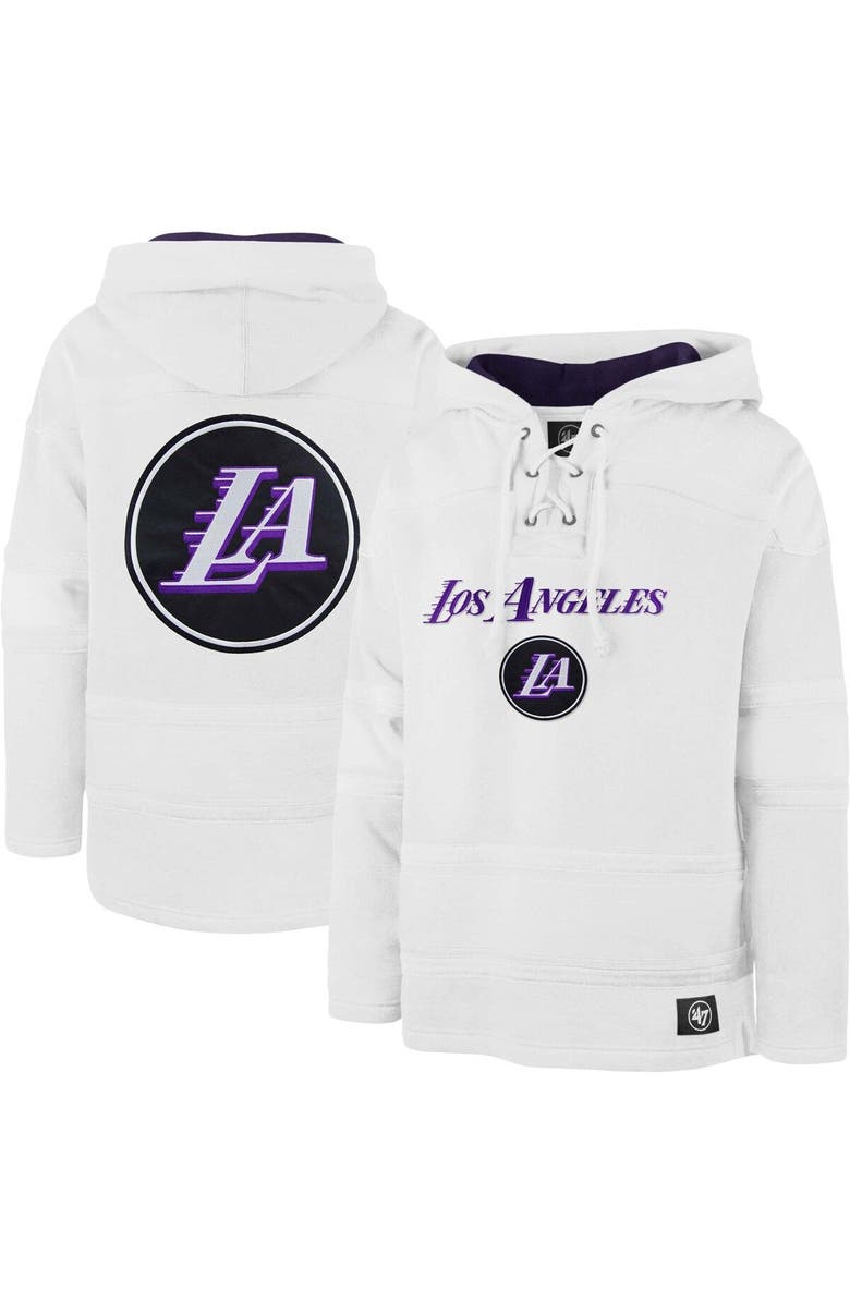 '47 Men's '47 White Los Angeles Lakers 2022/23 Pregame MVP Lacer Pullover Hoodie - City Edition, Main, color, 