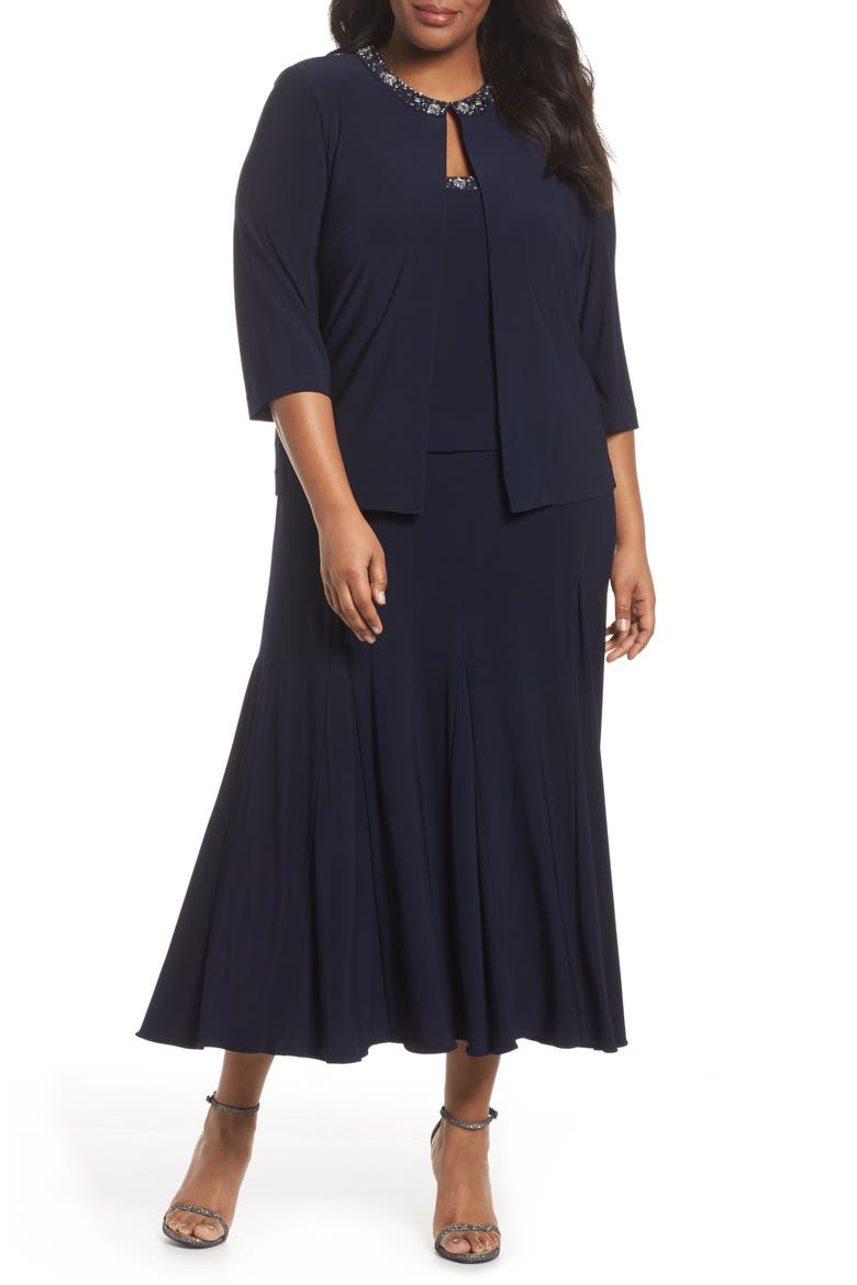 Beaded Dress & Jacket, Alternate, color, NAVY