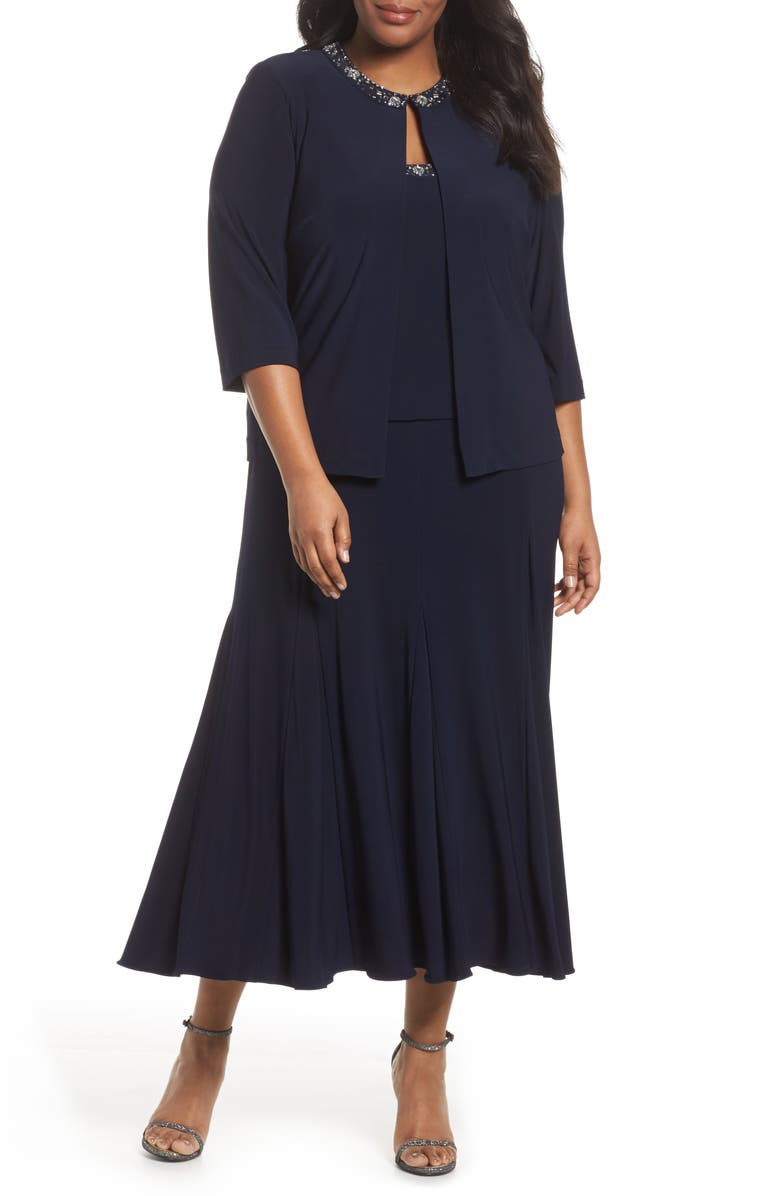 Alex Evenings Beaded Dress & Jacket, Alternate, color, Navy