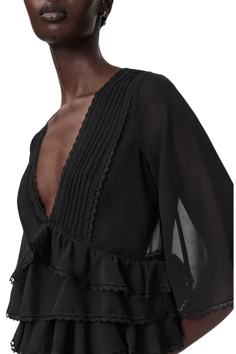 Plunge Neck Tiered Ruffle Lace Trim Top, Alternate, color, BLACK