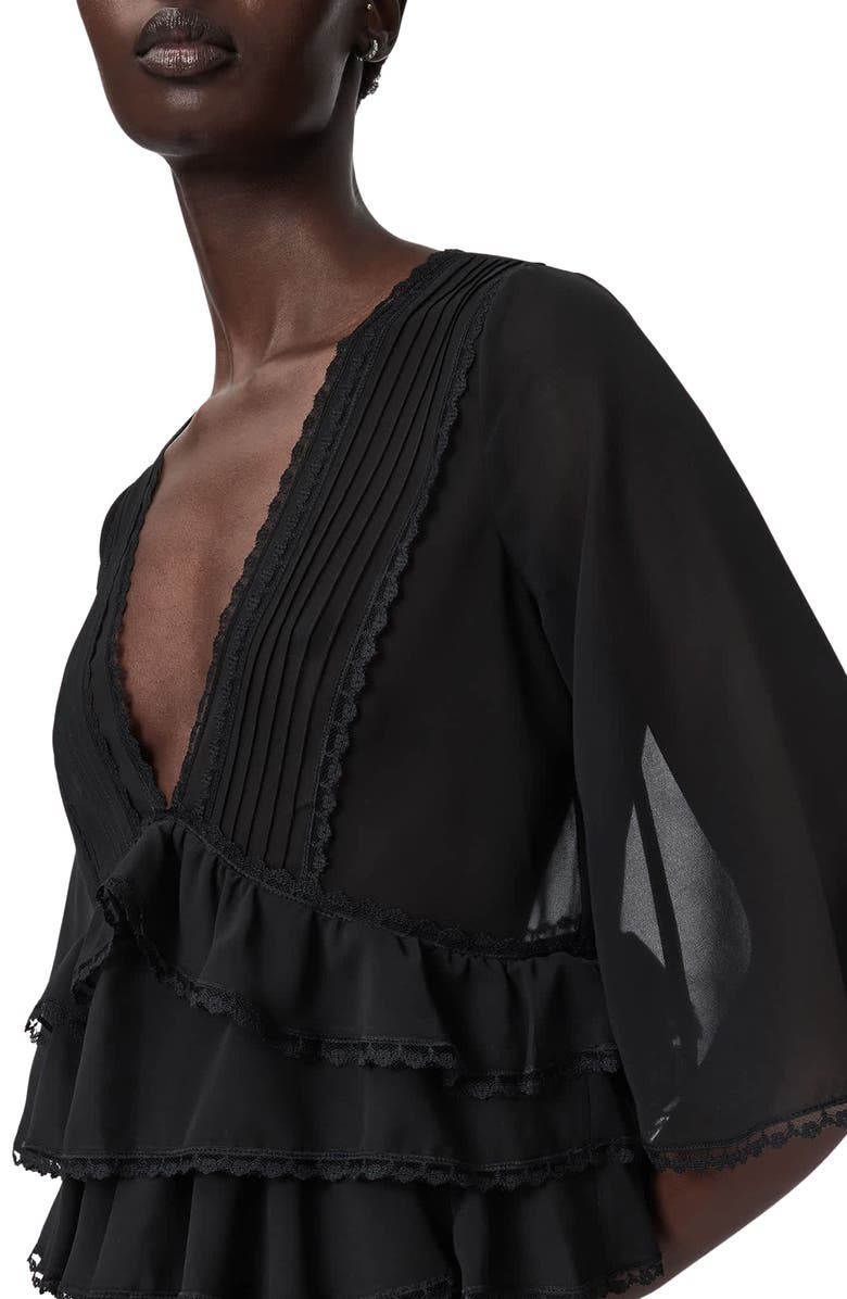 AllSaints Plunge Neck Tiered Ruffle Lace Trim Top, Alternate, color, Black