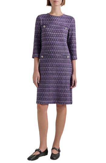 Misook Metallic Tweed Shift Sweater Dress In Purple