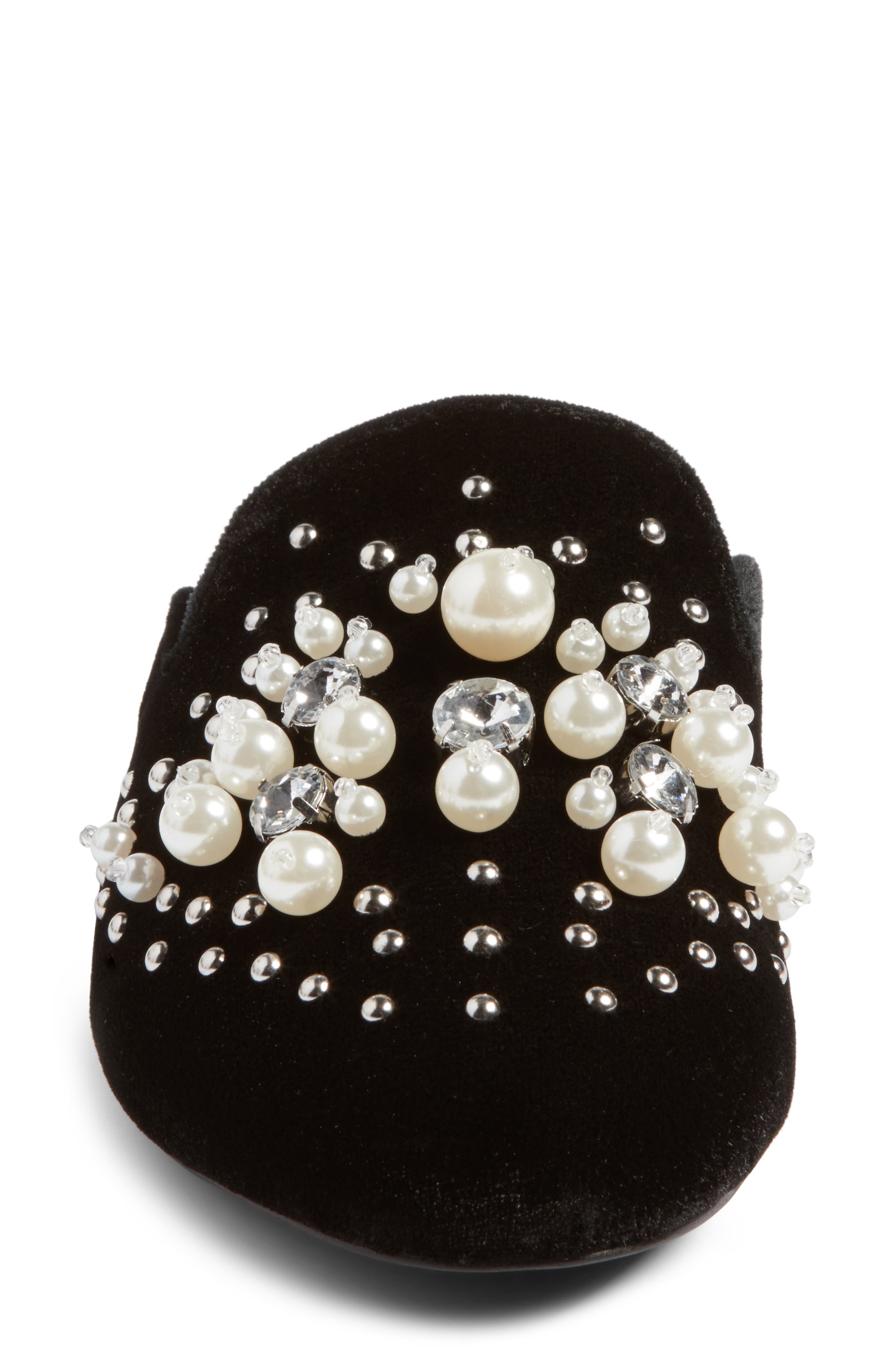Imitation Pearl Embellished Mule, Alternate, color, BLACK FABRIC