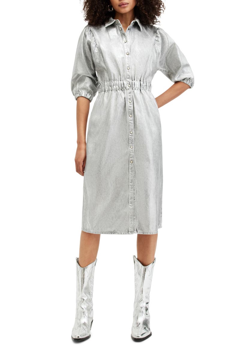Osa Metallic Puff Sleeve Denim Shirtdress, Main, color, METALLIC SILVER