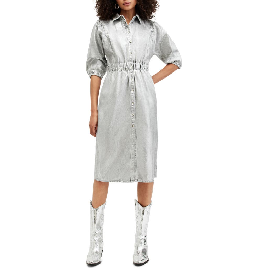 Allsaints Osa Metallic Coated Denim Midi Dress In Silver