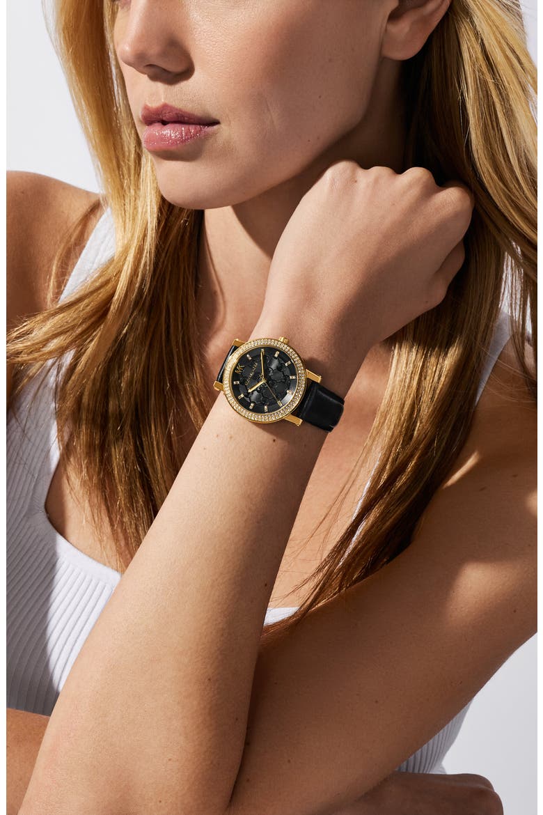 Corey Crystal Pavé Three-Hand Quartz Leather Strap Watch, 38mm, Alternate, color, GOLD