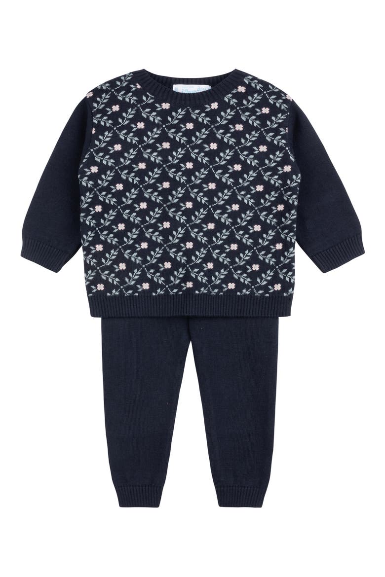 Floral Cotton Jacquard Sweater & Pants Set, Main, color, NAVY