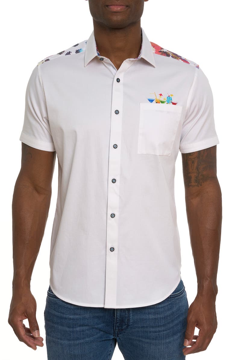 Robert Graham Splashdown Cocktail Print Short Sleeve Stretch Cotton Button-Up Shirt, Main, color, 