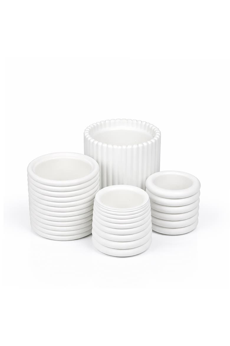 Silas Modern Minimalist Handmade Concrete Fluted Sculptural Cylinder Planter Set with Drainage Holes, Main, color, White