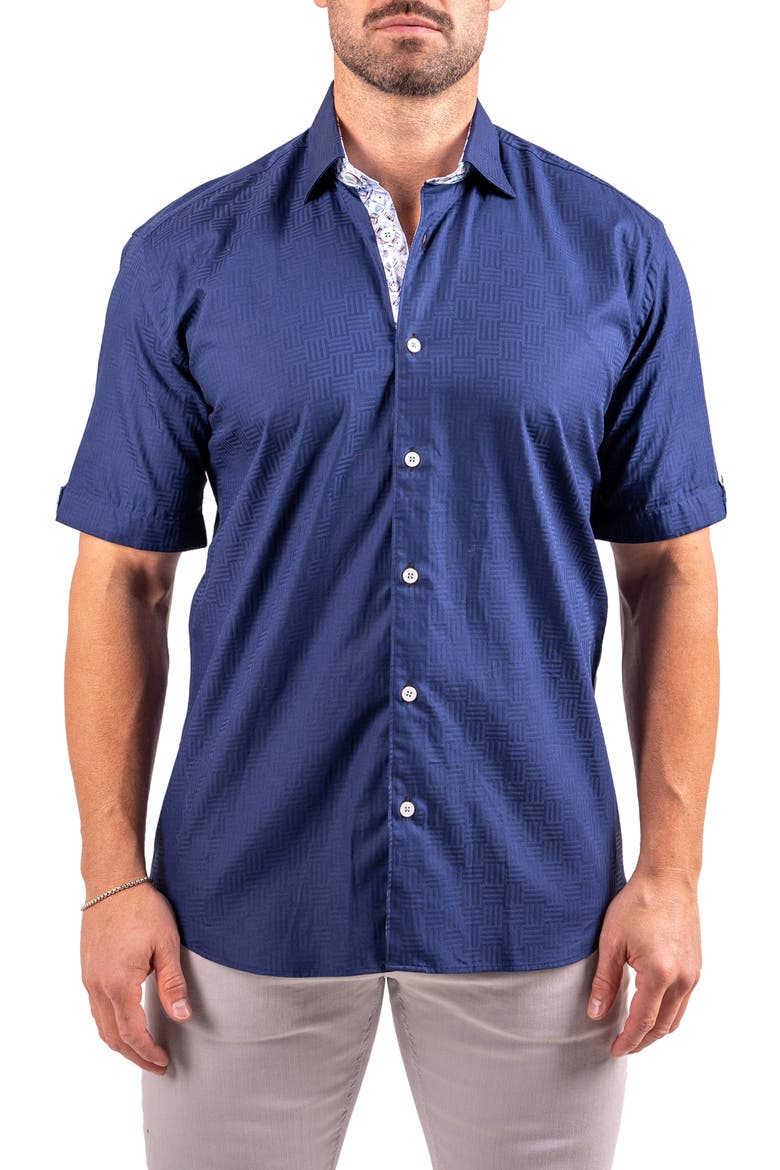 Galileo Resistance0143 Blue Geo Jacquard Short Sleeve Cotton Button-Up Shirt, Main, color, BLUE