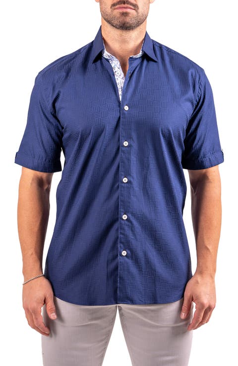 Galileo Resistance0143 Blue Geo Jacquard Short Sleeve Cotton Button-Up Shirt