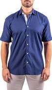 Maceoo Galileo Resistance0143 Blue Geo Jacquard Short Sleeve Cotton Button-Up Shirt