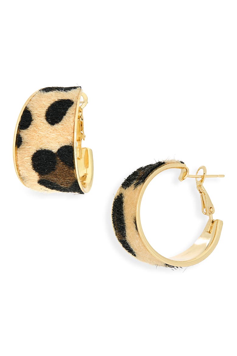 Animal Print Faux Calf Hair Hoop Earrings, Main, color, BROWN MULTI