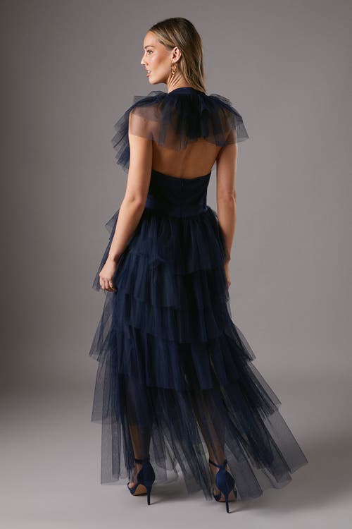 Coast Mesh V-neck Halter Tiered Maxi Dress In Blue
