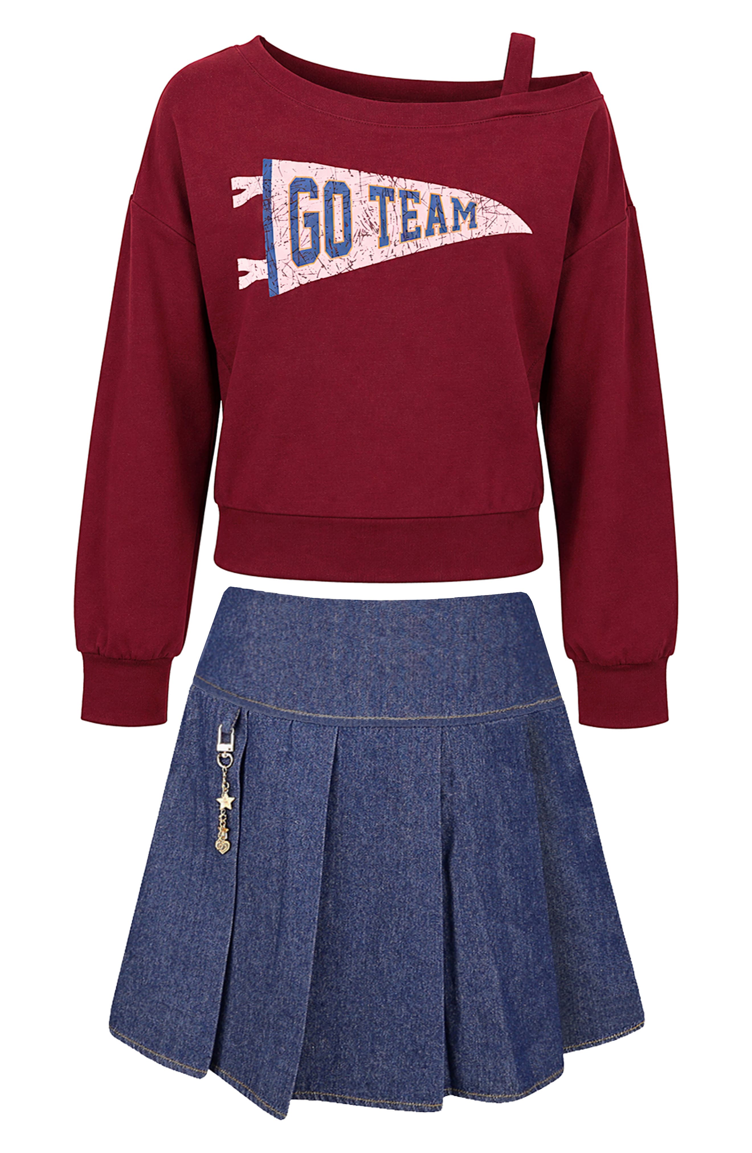 Kids' French Terry Sweatshirt & Pleated Denim Skirt Set