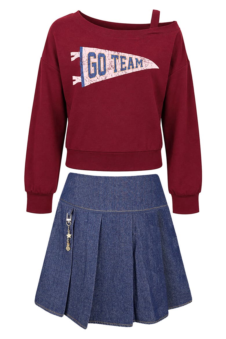 Kids' French Terry Sweatshirt & Pleated Denim Skirt Set, Main, color, BURGUNDY