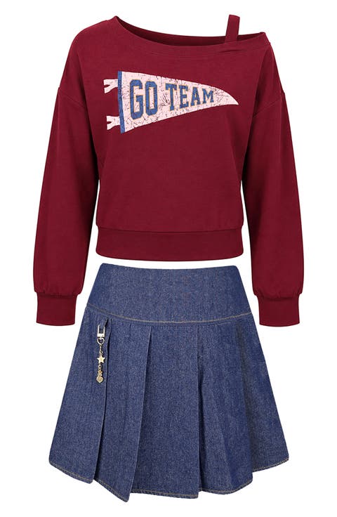 Kids' French Terry Sweatshirt & Pleated Denim Skirt Set