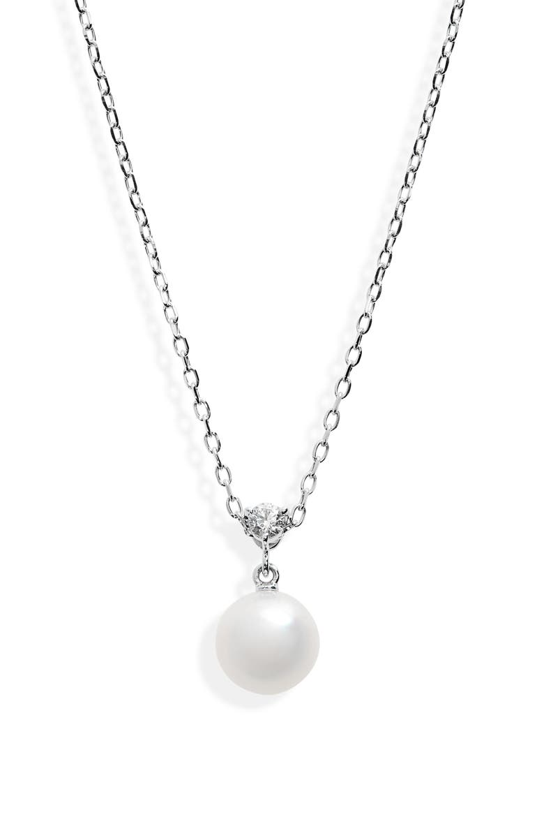 Classic Diamond & Akoya Pearl Pendant Necklace, Main, color, WHITE GOLD
