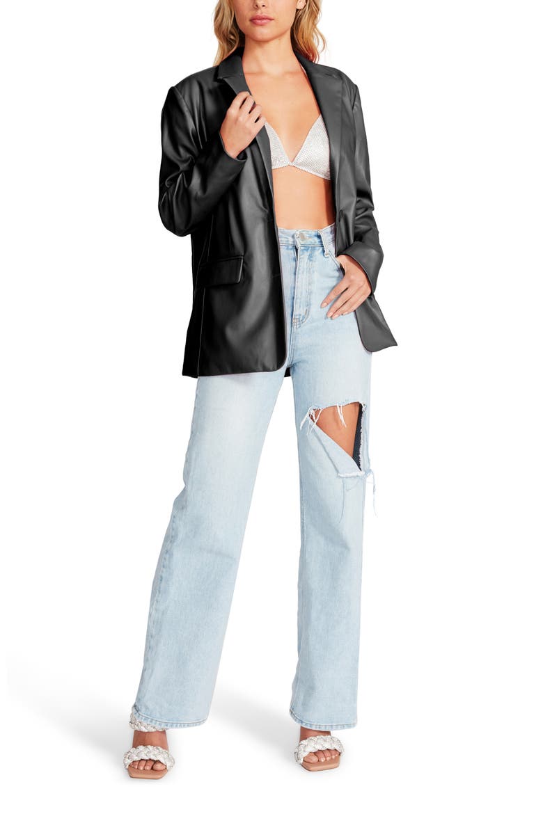 Faux Leather Boyfriend Blazer, Alternate, color, BLACK