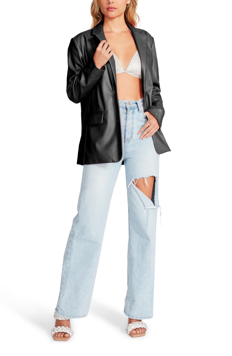 Steve Madden Faux Leather Boyfriend Blazer, Alternate, color, Black