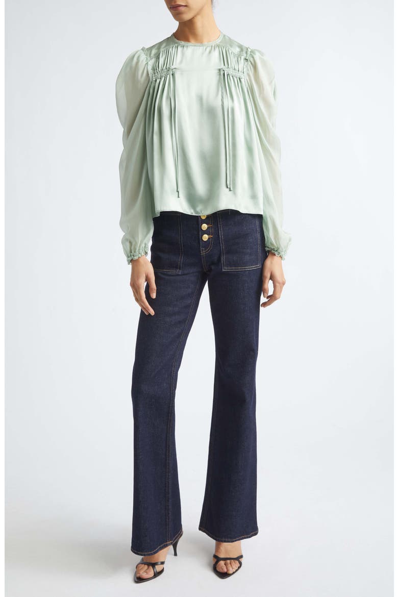 Odette Pleated Silk Sheer Balloon Sleeve Top, Alternate, color, CELADON