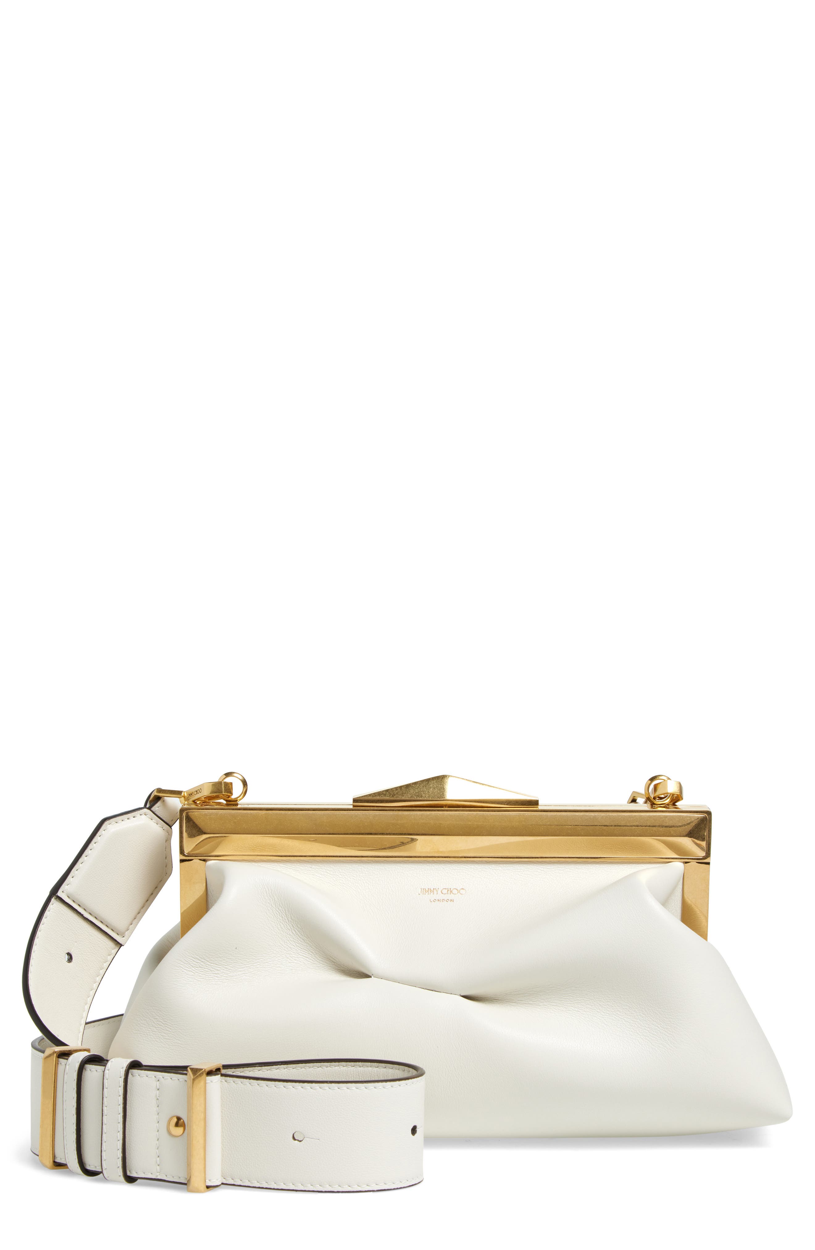 Jimmy Choo Diamond Leather Frame Clutch, Main, color, Latte