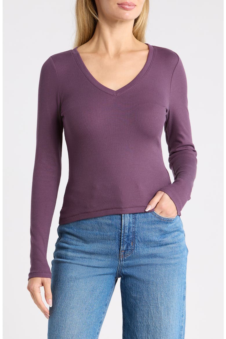 Long Sleeve V-Neck Rib Top, Main, color, CHARTER VIOLET