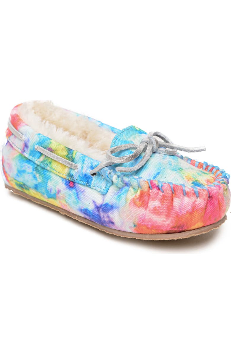 Minnetonka Cassie Tie Dye Slipper, Main, color, Bright Blue Splash