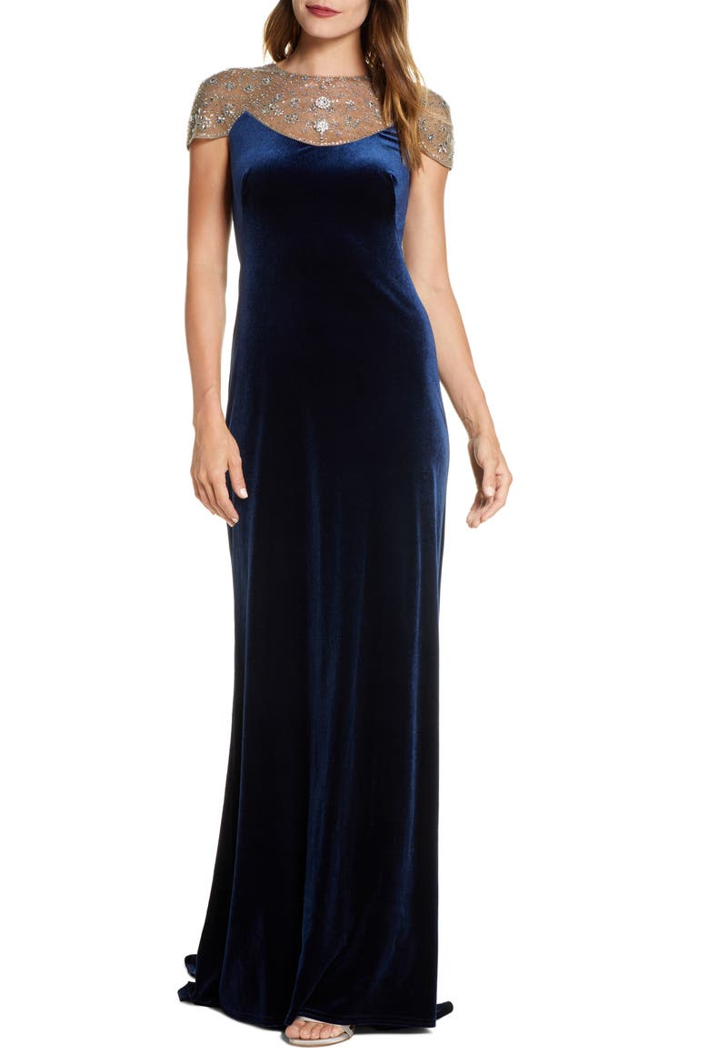 Embellished Velvet Gown, Main, color, NAVY