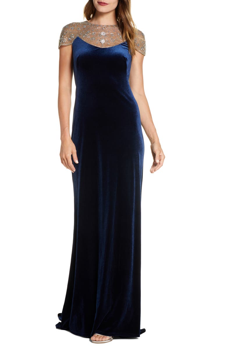 Tadashi Shoji Embellished Velvet Gown, Main, color, 